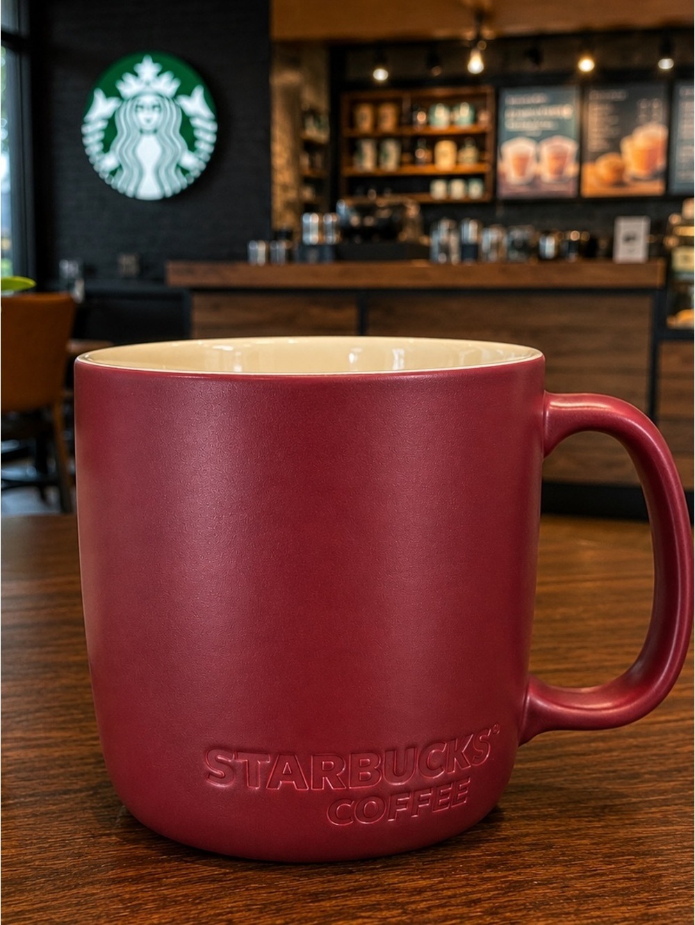 Starbucks Matte Burgundy Coffee Mug Ceramic Embossed Logo